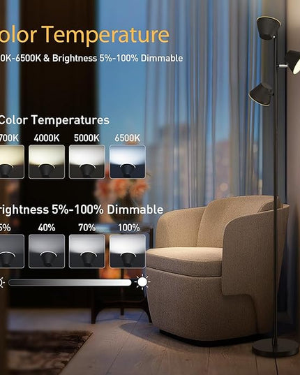 LED Tree Floor Lamp 42W, 4200 Lumens Super Bright Floor Lamps for Living Room with Remote & Touch Control, 3 Rotatable lights 4 Color Temperatures, Modern Tall Standing Lamp for Bedroom Office - LeafyLoom