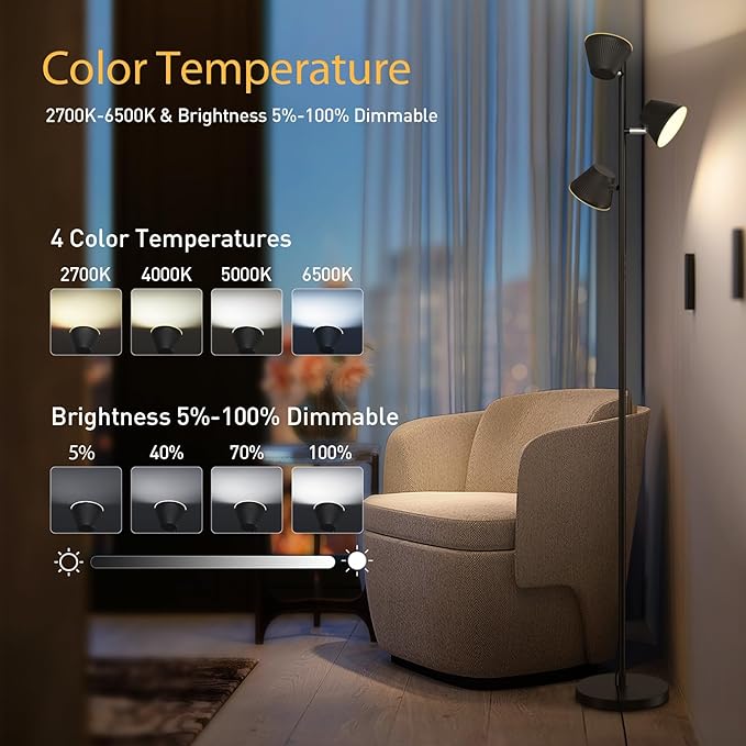 LED Tree Floor Lamp 42W, 4200 Lumens Super Bright Floor Lamps for Living Room with Remote & Touch Control, 3 Rotatable lights 4 Color Temperatures, Modern Tall Standing Lamp for Bedroom Office - LeafyLoom