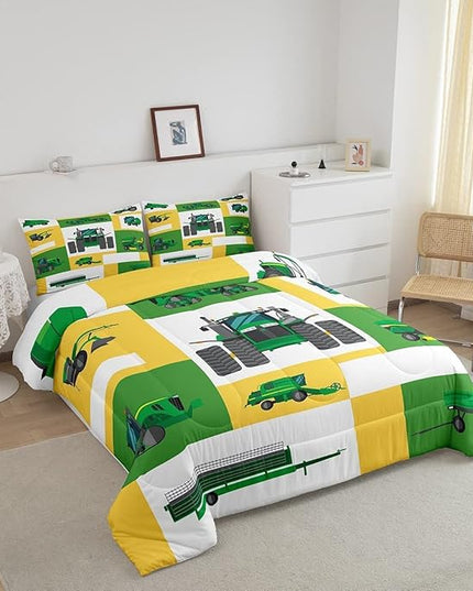 Boys Tractor Comforter Set King Kids Equipment Trucks Bedding Sets For Teens Bedroom Under Construction Quilt Set Excavator Vehicle Car Bedding Farmhouse Harvester Quilted Comforter,Green Yellow - LeafyLoom