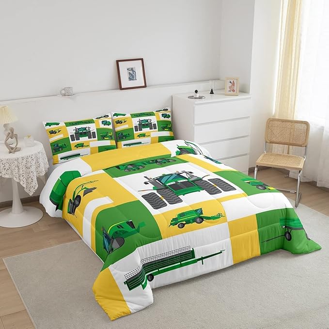 Boys Tractor Comforter Set King Kids Equipment Trucks Bedding Sets For Teens Bedroom Under Construction Quilt Set Excavator Vehicle Car Bedding Farmhouse Harvester Quilted Comforter,Green Yellow - LeafyLoom