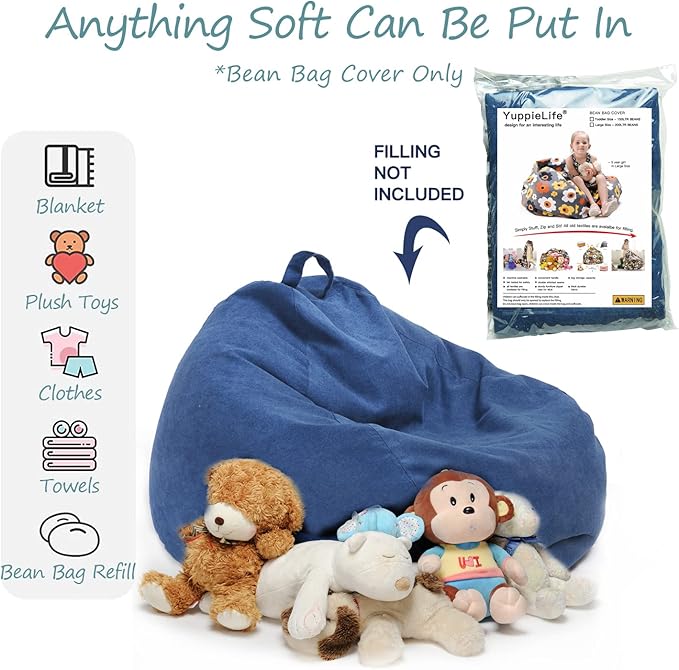 YuppieLife Stuffed Animals Bean Bag Chair Cover Candy-Colored Bean Bag(Just Cover, No Filling)/Large Stuff 'n Sit Organization/Toy Storage Bag/Kids Toys Organizer（27'',Navy blue - LeafyLoom