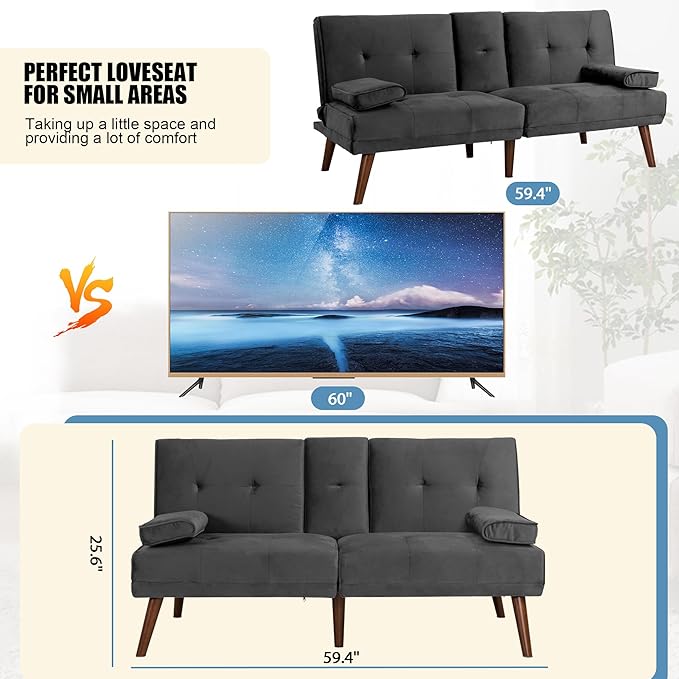 Shintenchi Futon Sofa Bed, Convertible Couch Bed Loveseat, Modern Futon Recliner Sleeper, Small Lazy Futon Set for Living Room, Office, Apartment,e, Dark Gray - LeafyLoom