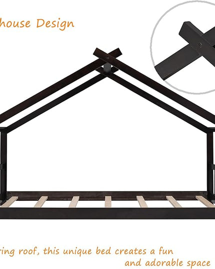 Montessori Floor Bed Frame Twin Size, Twin Floor Bed Frame with Headboard, Footboard and Slats, Wood Montessori Bed Frame/Montessori House Bed for Kids, Girls, Boys(Espresso) - LeafyLoom