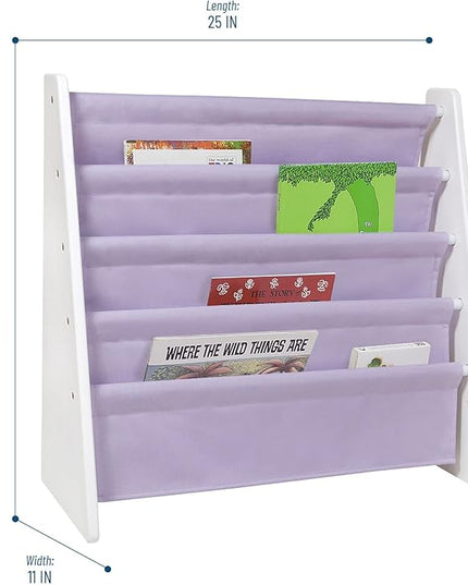 Wildkin Kids Canvas Sling Bookshelf for Boys and Girls, Wooden Design Features Four Fabric Shelves, Keep Bedrooms, Playrooms, and Classrooms Organized, an Ideal Kids Bookshelf (White w/Lilac) - LeafyLoom