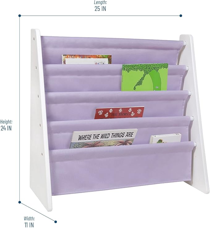 Wildkin Kids Canvas Sling Bookshelf for Boys and Girls, Wooden Design Features Four Fabric Shelves, Keep Bedrooms, Playrooms, and Classrooms Organized, an Ideal Kids Bookshelf (White w/Lilac) - LeafyLoom
