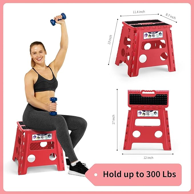 Delxo Folding Step Stool,Non-Slip Stool 13 inch Height Premium Heavy Duty Foldable Stool for Kids and Adults,Kitchen Garden Bathroom Stepping Stool 1 Pack in Red,2021 Upgrade Dotted Texture - LeafyLoom