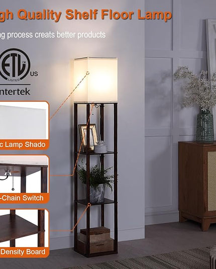 Floor Lamp with Shelves, Shelf Floor Lamps for Living Room with 3CCT LED Bulb, Modern Corner Square Display Standing Lamp with 4-Tier Tall Bookshelf Lamp for Bedroom Office - LeafyLoom