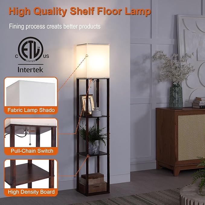 Floor Lamp with Shelves, Shelf Floor Lamps for Living Room with 3CCT LED Bulb, Modern Corner Square Display Standing Lamp with 4-Tier Tall Bookshelf Lamp for Bedroom Office - LeafyLoom