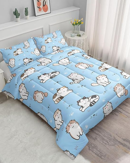 Datura home Blue Kawaii Cat Comforter Bedding Set for Girls Lovely Kitten Print Cute Animal Pattern with 1 and 2 Pillowcases Bedroom All Season(Cat Full), Full 80x90inches - LeafyLoom