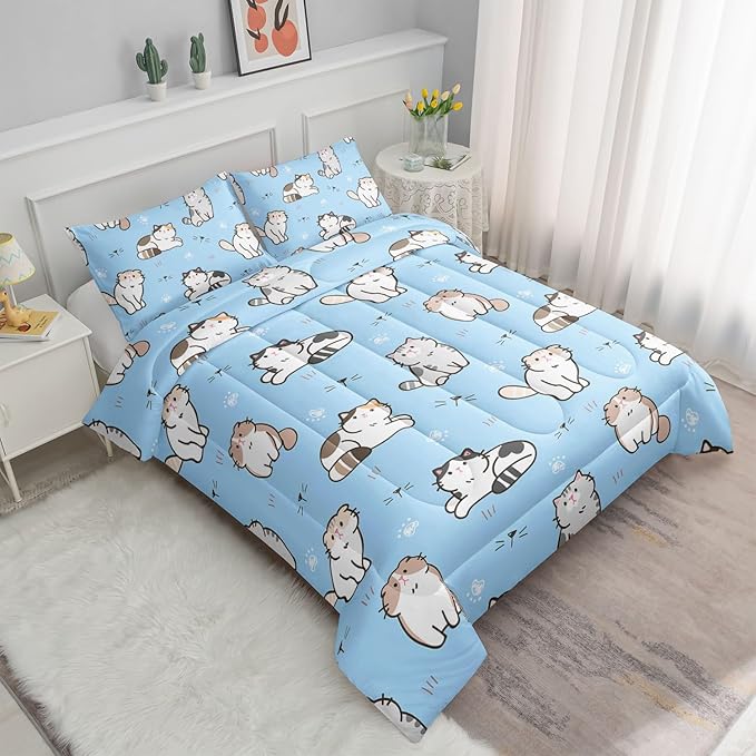 Datura home Blue Kawaii Cat Comforter Bedding Set for Girls Lovely Kitten Print Cute Animal Pattern with 1 and 2 Pillowcases Bedroom All Season(Cat Full), Full 80x90inches - LeafyLoom