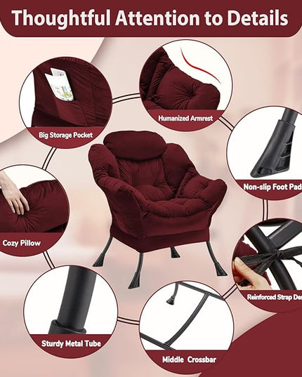 Lazy Chair Thick Padded, Accent Chair Velvet Upholstered with Wide Seat, Stable Metal Frame and Non-Slip Pad, Modern Sofa Armchair with Side Storage Bag for Dorm, Room, Office, Burgundy - LeafyLoom