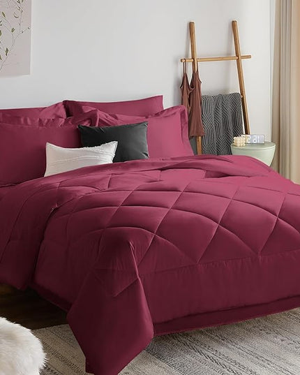 CozyLux King Comforter Set with Sheets 7 Pieces Bed in a Bag Burgundy All Season Bedding Sets with Comforter, Pillow Shams, Flat Sheet, Fitted Sheet and Pillowcases, Red, King - LeafyLoom