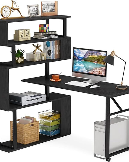 Rotating Computer Desk L-Shaped Office Desk with 5 Shelves Bookcase, Reversible Writing Desk Study Table with Wheels for Home Office, Black - LeafyLoom
