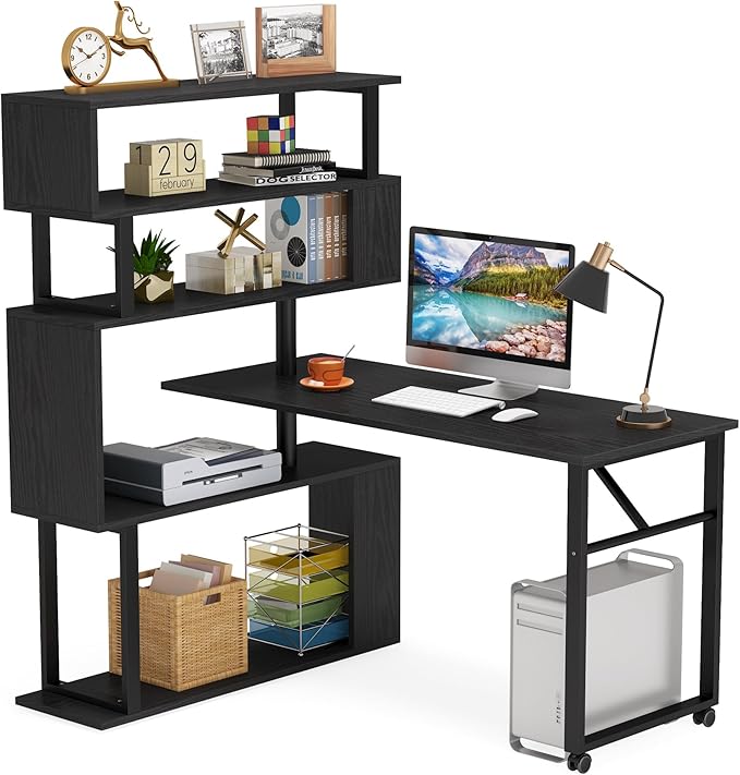 Rotating Computer Desk L-Shaped Office Desk with 5 Shelves Bookcase, Reversible Writing Desk Study Table with Wheels for Home Office, Black - LeafyLoom