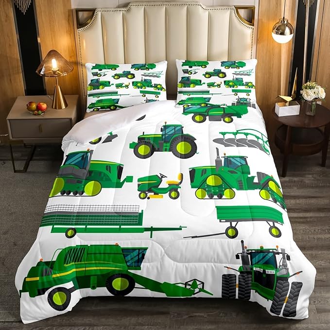 Tractor Bedding Set King Size Equipment Trucks Comforter Excavator Comforter Set for Child Kids Boys Teens Construction Site Car Quilt Set for Car Theme Room Bedroom Dorm Decor with 2 Pillow cases - LeafyLoom