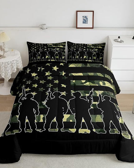 American Flag Comforter Set Full for Boy Teen ArmyGreen Camouflage Down Comforter Adult Men Soldier Silhouettes Quilted Duvet Military Style Camo Bedding Comforters, 1 Comforter Set + 2 Pillowcases - LeafyLoom