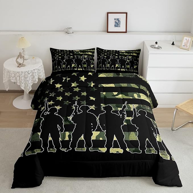Erosebridal American Flag Camo Comforter Set King Size for Boy Teens Gilrs Kids ArmyGreen Camouflage Bedding Adult Men Soldier Silhouettes Quilted Duvet Military Style Camo Down Comforter - LeafyLoom