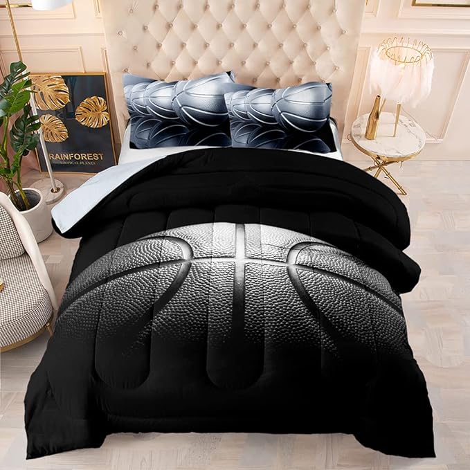 Basketball Comforter Set,Sports Basketall Bedding Set with Pillowcases, Boys Comforter Set Twin,Twin Black Ultra Soft Microfiber Kids Comforter Set,Basketball Bedding for Teen Boy Kids - LeafyLoom