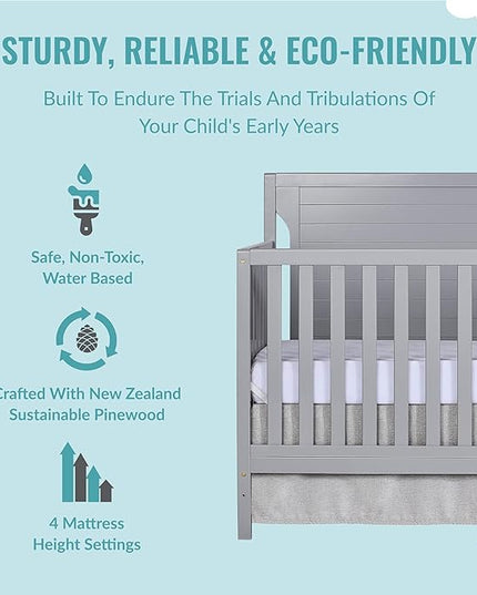 Cape Cod 5-In-1 Convertible Crib In Pebble Grey, Greenguard Gold And JPMA Certified, Built Of Sustainable New Zealand Pinewood, 3 Mattress Height Positions - LeafyLoom