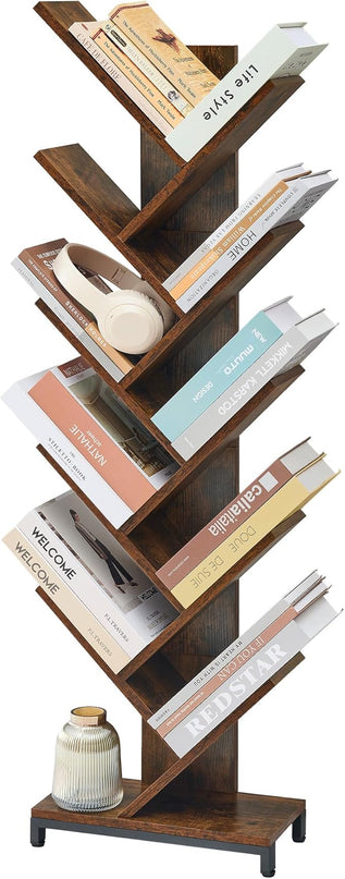 10 Shelf Tree Bookshelf, Floor Standing Wood Bookshelf for Books/Magazine/CDs/Movies, Modern Storage Rack Tree Bookcase, Utility Organizer Shelves for Narrow Space Home Office, Rustic Brown - LeafyLoom
