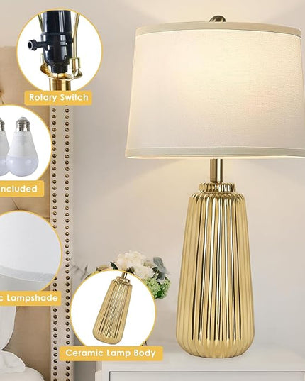 Ceramic Table Lamps Set of 2, 25Inch Modern Gold Table Lamps for Bedroom Living Room with 3 Color Temperature - 3000K/4000K/6000K, Coastal Lamps for Nightstand Bedside with 2 LED Bulbs, 9W - LeafyLoom