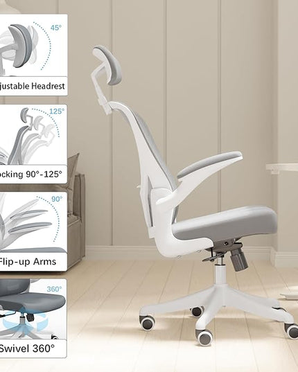 Ergonomic Office Chair Home Desk Office Chair with Flip-Armrest & Cushion for Lumbar Support, high Back Computer Chair with Thickened Cushion Desk Chairs Ngray - LeafyLoom