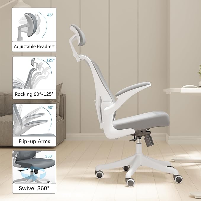 Ergonomic Office Chair Home Desk Office Chair with Flip-Armrest & Cushion for Lumbar Support, high Back Computer Chair with Thickened Cushion Desk Chairs Ngray - LeafyLoom