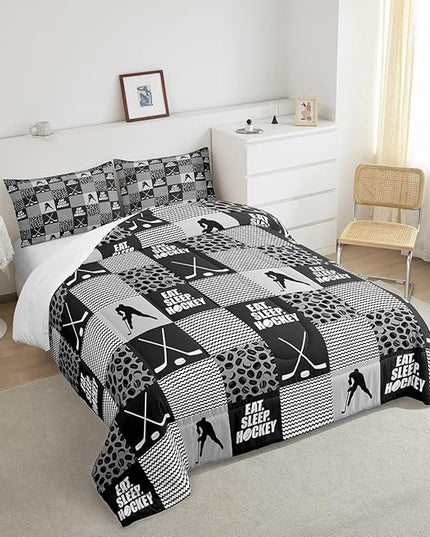 Ice Hockey Comforter Sets for Boys girls Twin Black White Grey Winter Sports Games Down Comforter Kids Teen Room Decor,Player Bedding Set Geometric Checkered Stripes Quilt Duvet 1 Pillow Case - LeafyLoom