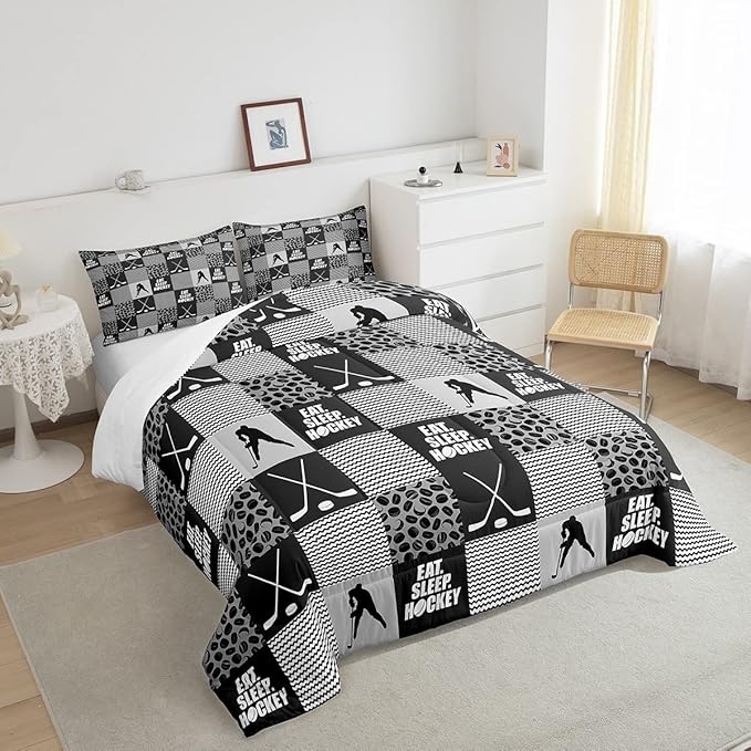 Ice Hockey Comforter Sets for Boys girls Twin Black White Grey Winter Sports Games Down Comforter Kids Teen Room Decor,Player Bedding Set Geometric Checkered Stripes Quilt Duvet 1 Pillow Case - LeafyLoom