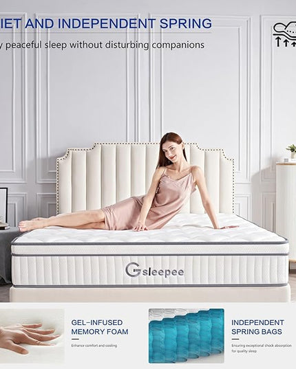 Queen Mattress, 12 Inch Size Gel Memory Foam Mattress, Individually Inner Spring Hybrid Mattresses, Medium Firm colchones in a Box, Pressure Relief - LeafyLoom