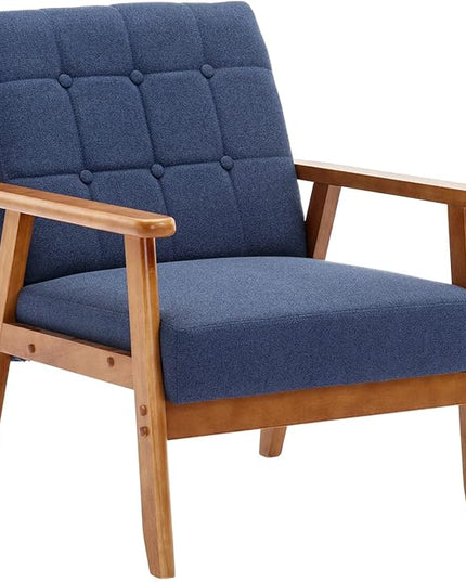 Mid-Century Accent, Modern Single Armchair, Upholstered Leisure Lounge Chair wth Solid Wood Armrest and Feet for Living Room, Bedroom, Office, Navy Blue - LeafyLoom