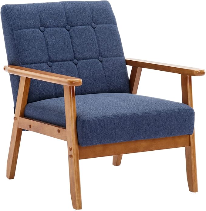 Mid-Century Accent, Modern Single Armchair, Upholstered Leisure Lounge Chair wth Solid Wood Armrest and Feet for Living Room, Bedroom, Office, Navy Blue - LeafyLoom