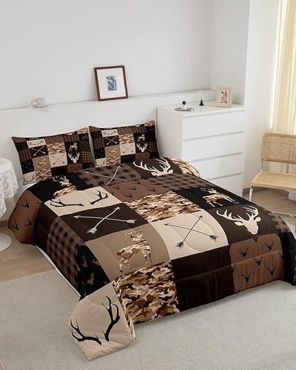 Camo Deer Antlers Kids Comforter Set Twin Size,Animal Arrow Silhouette Bedding Set,Girls Boys Adults Home/Xmas Cabin Decor,Lattice Patchwork Down Comforter,Brown Rustic Duvet Insert,2pcs,1 Pillowcase - LeafyLoom
