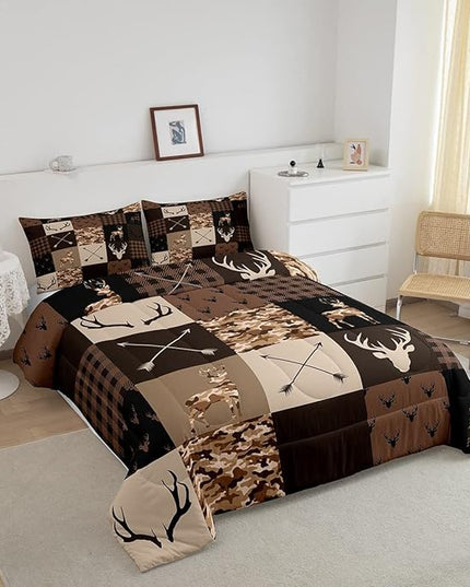 Camo Animal Kids Comforter Set Full Size,Deer Antlers Silhouette Bedding Set,Girls Boys Adults Bedroom/Xmas Decor,Checkered Geometric Down Comforter,Arrow Boho Retro Duvet Insert,3pcs,2 Pillowcases - LeafyLoom