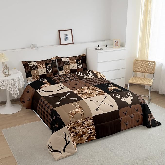 Camo Animal Kids Comforter Set Full Size,Deer Antlers Silhouette Bedding Set,Girls Boys Adults Bedroom/Xmas Decor,Checkered Geometric Down Comforter,Arrow Boho Retro Duvet Insert,3pcs,2 Pillowcases - LeafyLoom