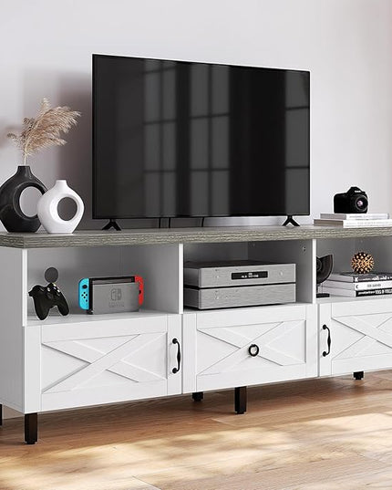 YITAHOME Mid-Century Modern TV Stand for 70/65/60/55 inch, Boho Wood TV Table Farmhouse Media Console with Storage Cabinet and Open Shelves for Living Room, Bedroom, 65 inch, White/Grey - LeafyLoom