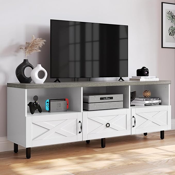 YITAHOME Mid-Century Modern TV Stand for 70/65/60/55 inch, Boho Wood TV Table Farmhouse Media Console with Storage Cabinet and Open Shelves for Living Room, Bedroom, 65 inch, White/Grey - LeafyLoom