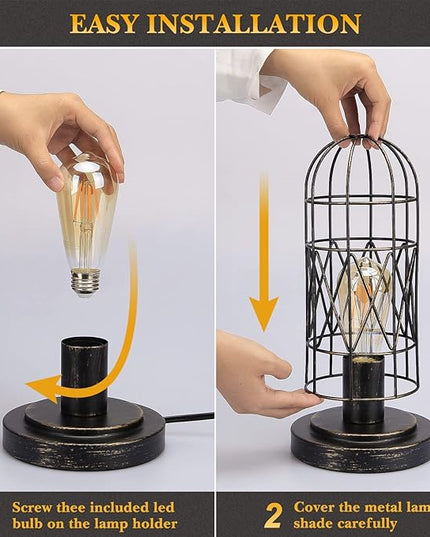 Industrial Table Lamp, Small Touch Lamp with Rustic Cage Vintage Bedside Lamp 3 Way Dimmable Nightstand Lamp Edison Desk Lamp for Bedroom, Living Room, Hallway, Entryway, Kitchen, 4W LED Bulb Included - LeafyLoom