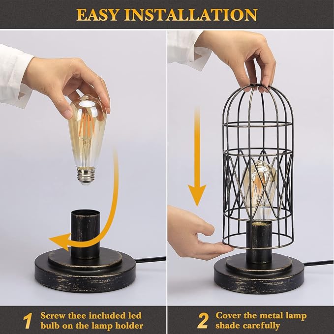 Industrial Table Lamp, Small Touch Lamp with Rustic Cage Vintage Bedside Lamp 3 Way Dimmable Nightstand Lamp Edison Desk Lamp for Bedroom, Living Room, Hallway, Entryway, Kitchen, 4W LED Bulb Included - LeafyLoom