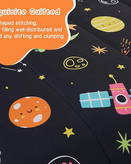 Space Dinosaur Kids Comforter Set for Boys Full Size, Cute Reversible Quilted Black Printed Bedding Set with Pillow Sham, Lightweight Soft Breathable Washable Bed Set 3 Piece - LeafyLoom