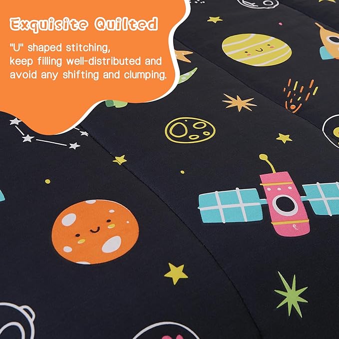 Space Dinosaur Kids Comforter Set for Boys Full Size, Cute Reversible Quilted Black Printed Bedding Set with Pillow Sham, Lightweight Soft Breathable Washable Bed Set 3 Piece - LeafyLoom