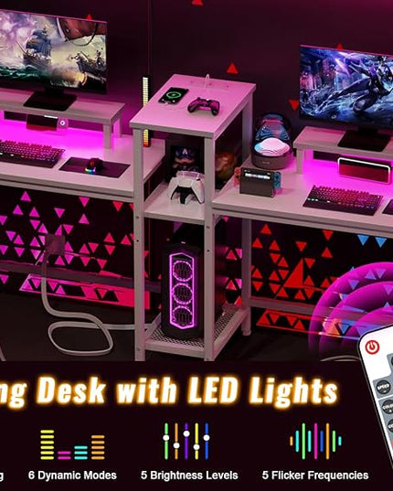 Furologee White 71" Gaming Desk with LED Lights, Long 2 Person Computer Desk with Printer Shelf and Monitor Stand, Double Office Desk with Cloth Bag and Hooks for Home Office (NO Power Outlets) - LeafyLoom