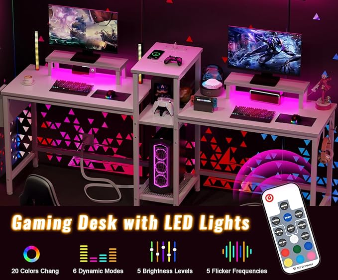 Furologee White 71" Gaming Desk with LED Lights, Long 2 Person Computer Desk with Printer Shelf and Monitor Stand, Double Office Desk with Cloth Bag and Hooks for Home Office (NO Power Outlets) - LeafyLoom