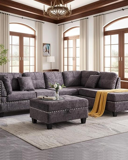 Living Room,Modular Sectional Sofa Set,L-Shape Storage Ottoman/Two Small pillow/Reversible Chaise,Couch for Large Space Dorm Apartment-Gray, 1 - LeafyLoom
