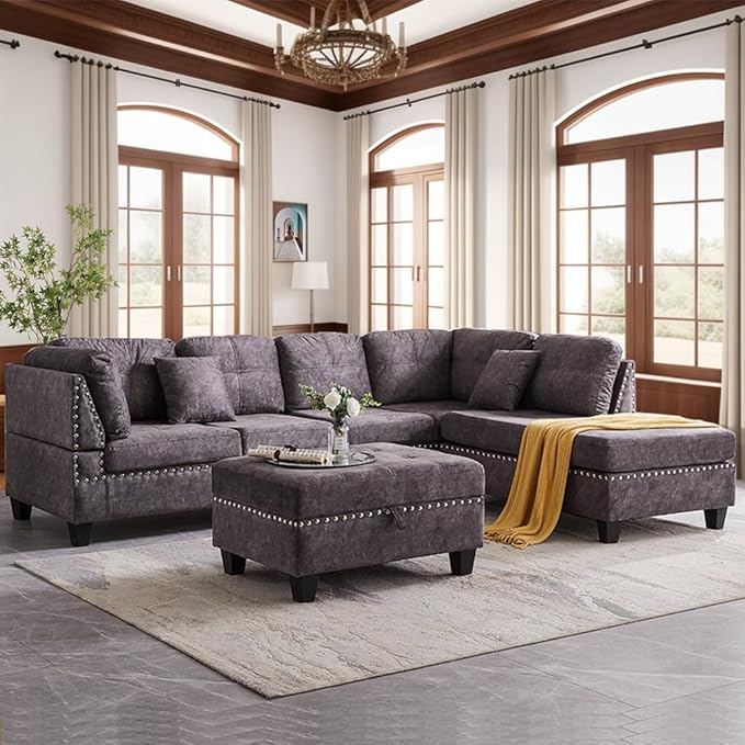 Living Room,Modular Sectional Sofa Set,L-Shape Storage Ottoman/Two Small pillow/Reversible Chaise,Couch for Large Space Dorm Apartment-Gray, 1 - LeafyLoom