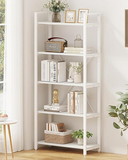 FATORRI 5 Tier Bookshelf, Metal and Wood Bookcase, Etagere Book Shelf for Display, Modern Shelving Unit Tall Book case for Home Office, Living Room, Bedroom (White Oak) - LeafyLoom