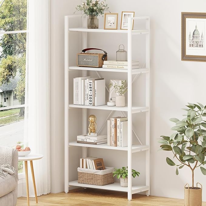 FATORRI 5 Tier Bookshelf, Metal and Wood Bookcase, Etagere Book Shelf for Display, Modern Shelving Unit Tall Book case for Home Office, Living Room, Bedroom (White Oak) - LeafyLoom