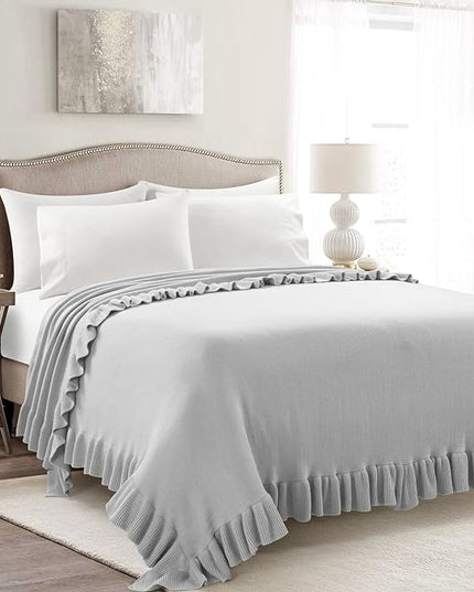 Lush Decor Reyna Soft Knitted Ruffle Throw Blanket, 88" W x 88" L, Light Gray - Ruffled Bedding - Knit Blanket - Cozy Oversized Blanket For Bed or Couch - Vintage, Minimalist & Cottage Home Decor - LeafyLoom