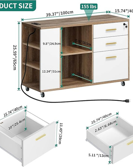 YITAHOME File Cabinet with Charging Station, Mobile Lateral Filing Cabinet with Lock for Home Office, Printer Stand with Open Storage Shelf, Fits A4, Letter, Legal Size Files, Grey Wash & White - LeafyLoom