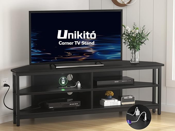 Unikito Corner TV Stand With Power Outlet, Corner Entertainment Center Corner TV Table With 4 Open Storage Corner TV Cabinet Wood TV Stand For Living Room,Bedroom Corner TV Stand For 55 inch TV, Black - LeafyLoom